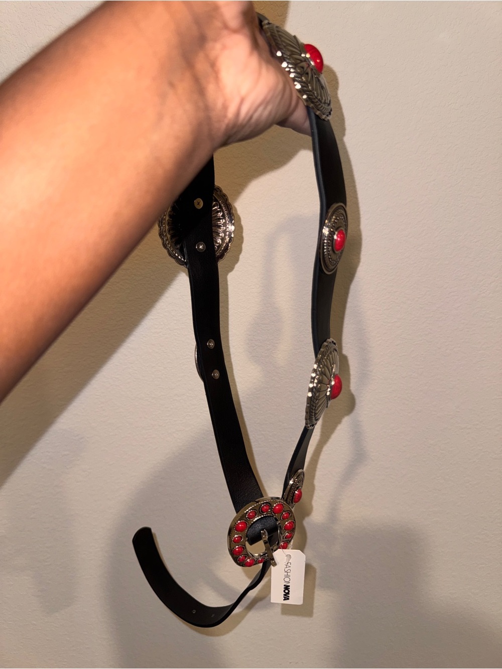 Fashion Nova Black Belt with Red Concho Accents